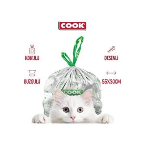 Kedi Tuvaleti Büzgülü Çöp Torbası, 55 x 30 cm, 20 Yaprak, Sabun Kokulu, Beyaz