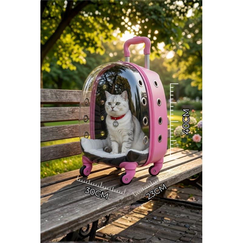 Maria Astronot Şeffaf Kedi ve Köpek Taşıma Valizi | Tekerlekli Pet Taşıma Çantası Pembe - Görsel 2