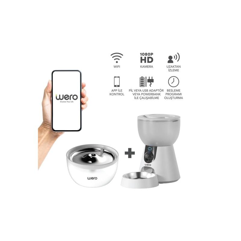 Wero 2in1 Kameralı, Wi-Fi Destekli Akıllı Otomatik Kedi & Köpek Mama ve Su Kabı Seti